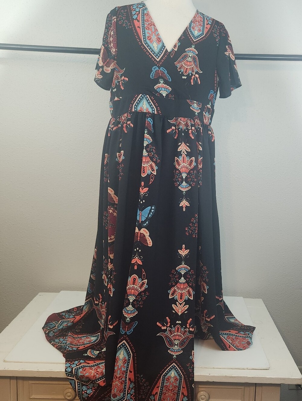 Black Paisley V-Neck Maxi Dress with Blue & Coral Accents